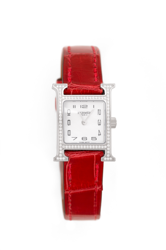 Hermès Heure Watch in Diamond-Set Stainless Steel with Braise Alligator Strap