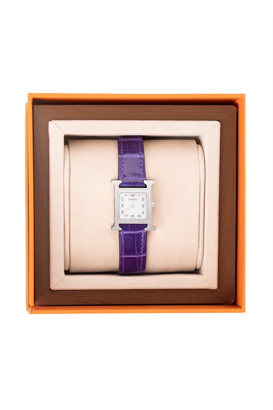 Hermès Heure Watch in Diamond-Set Stainless Steel with Amethyst Alligator Strap