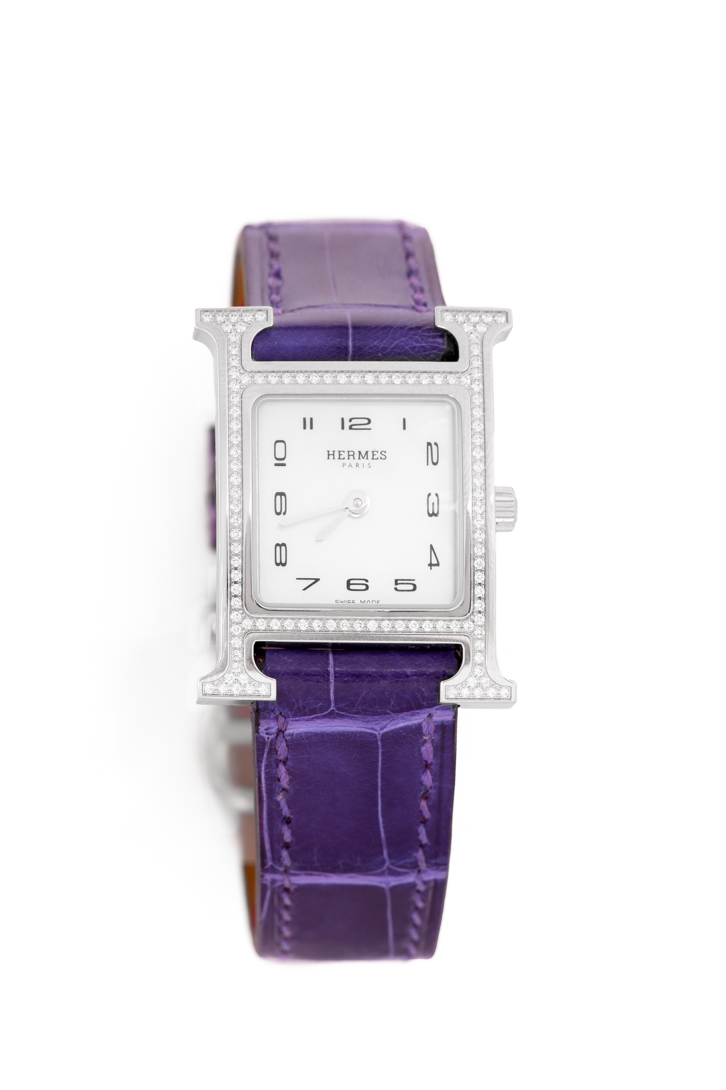 Hermès Heure Watch in Diamond-Set Stainless Steel with Amethyst Alligator Strap