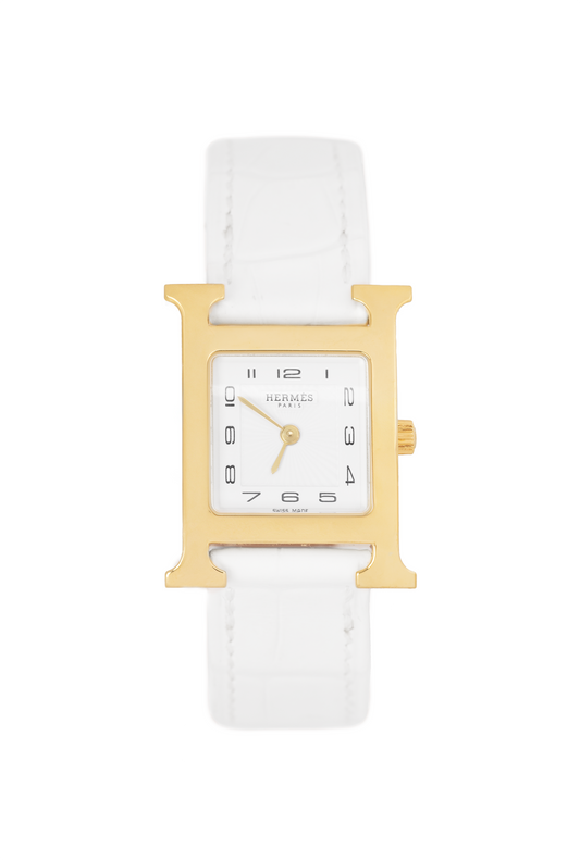 Hermès Heure Watch Yellow Gold-Plated Steel Case with White Alligator Strap
