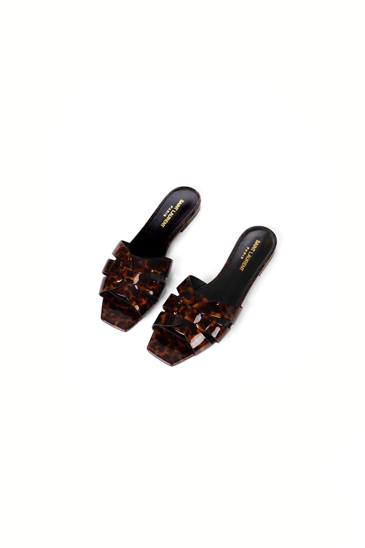 YSL Tribute Tortoise Shell Flat Slide Sandals