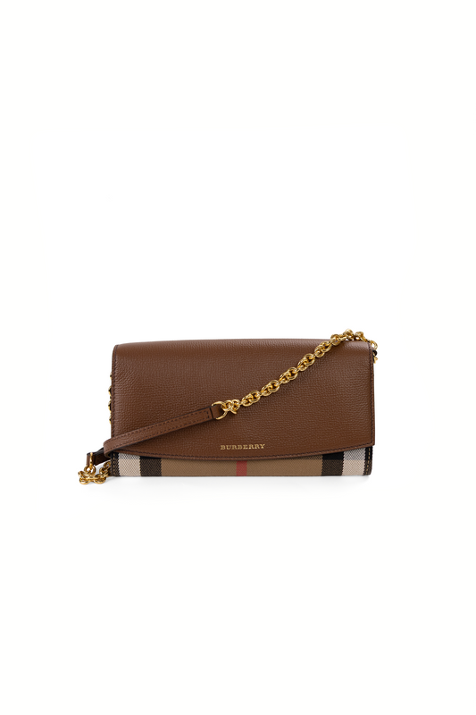 Burberry Henley Check and Brown Leather Wallet-On-Chain