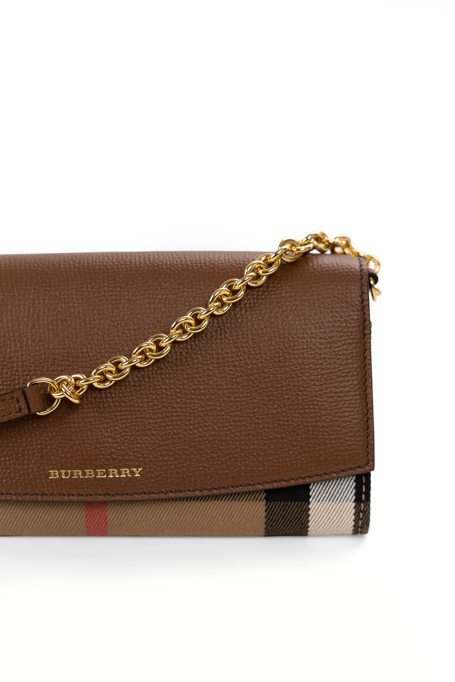 Burberry Henley Check and Brown Leather Wallet-On-Chain