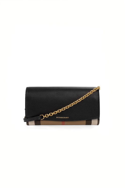 Burberry Henley Check & Black Leather Wallet-On-Chain