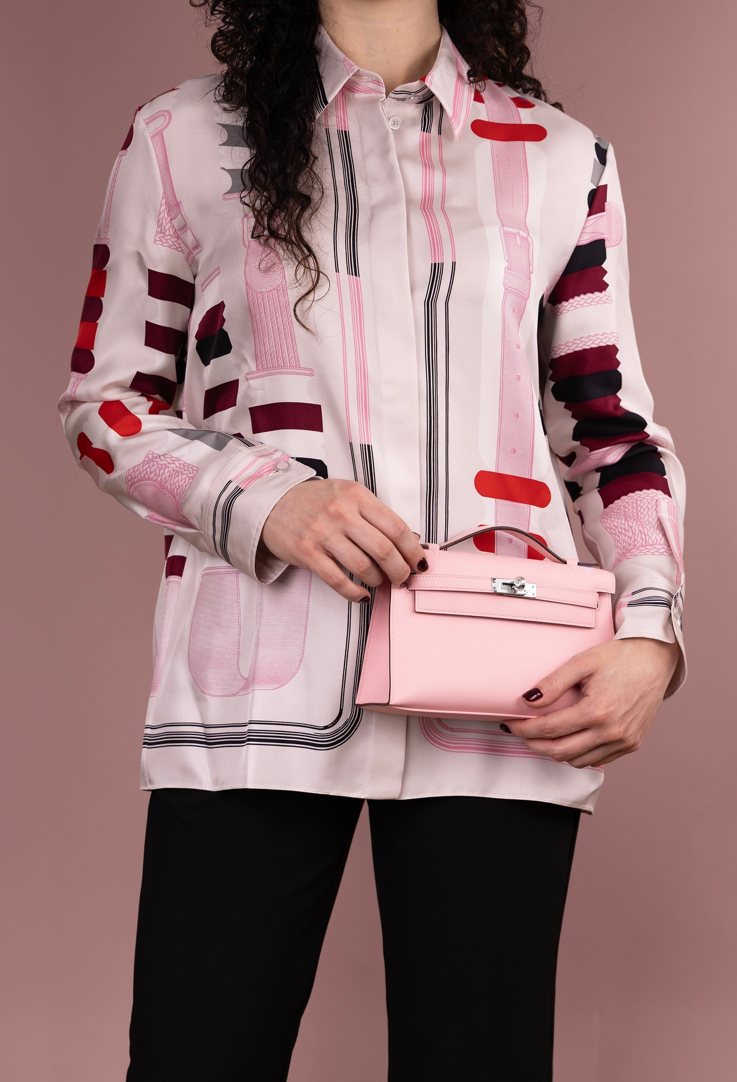 Hermès Kelly Pochette Rose Sakura PHW with "Bride a Bloc" Silk Top