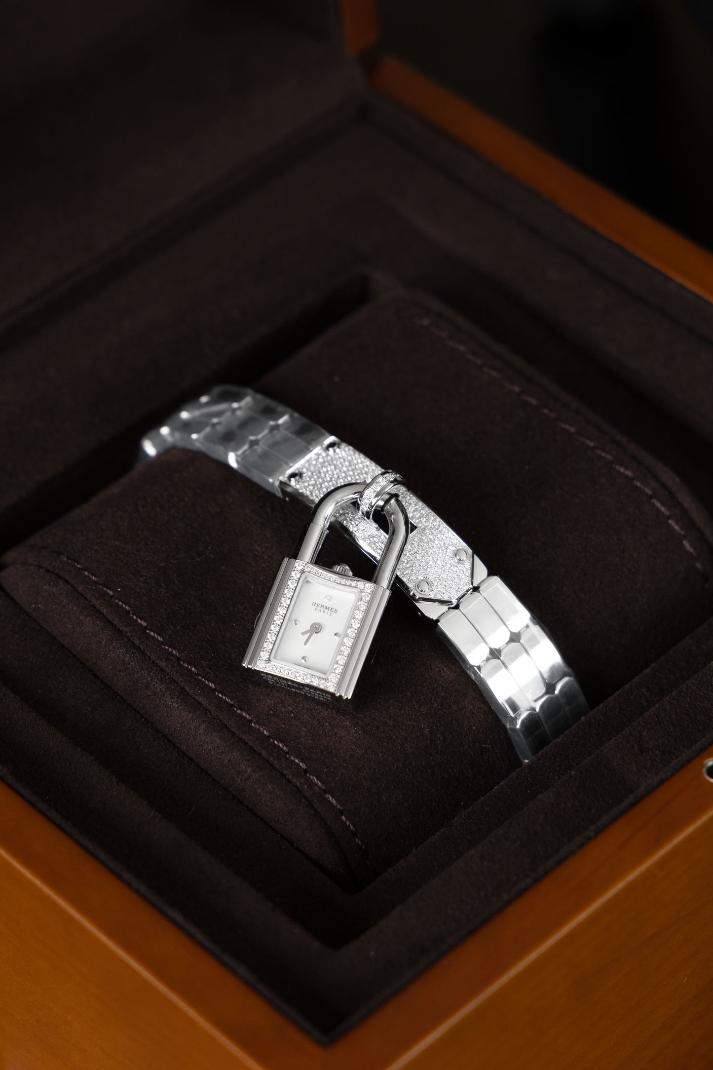 Costarellos Jacey Embroidered Tulle Faux Leather Gown with Hermès Kelly Pochette Black Lizard, Chanel Black Mesh Flower Pumps & Hermès Kelly Watch