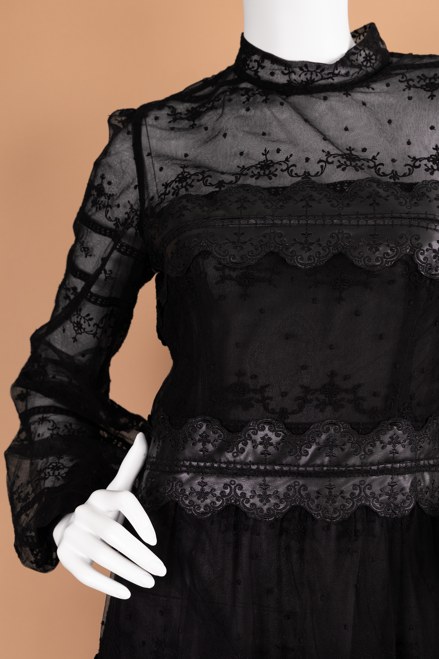 Costarellos Jacey Embroidered Tulle Faux Leather Gown with Hermès Kelly Pochette Black Lizard, Chanel Black Mesh Flower Pumps & Hermès Kelly Watch