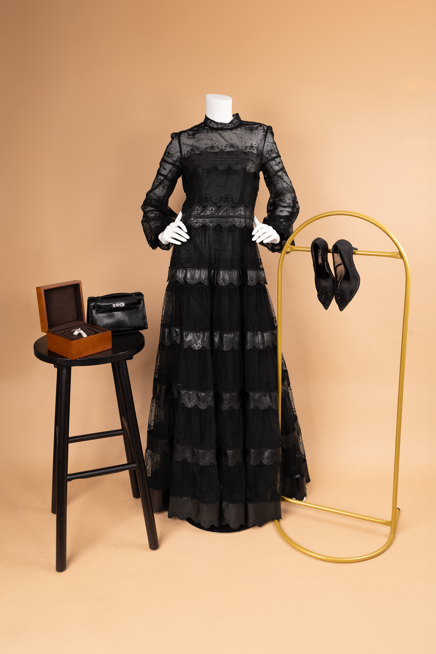 Costarellos Jacey Embroidered Tulle Faux Leather Gown with Hermès Kelly Pochette Black Lizard, Chanel Black Mesh Flower Pumps & Hermès Kelly Watch