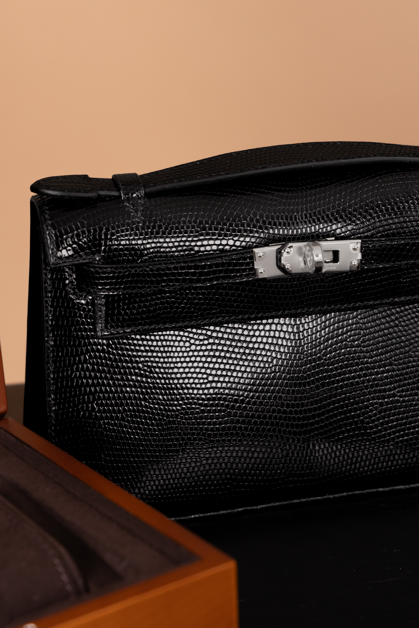 Costarellos Jacey Embroidered Tulle Faux Leather Gown with Hermès Kelly Pochette Black Lizard, Chanel Black Mesh Flower Pumps & Hermès Kelly Watch