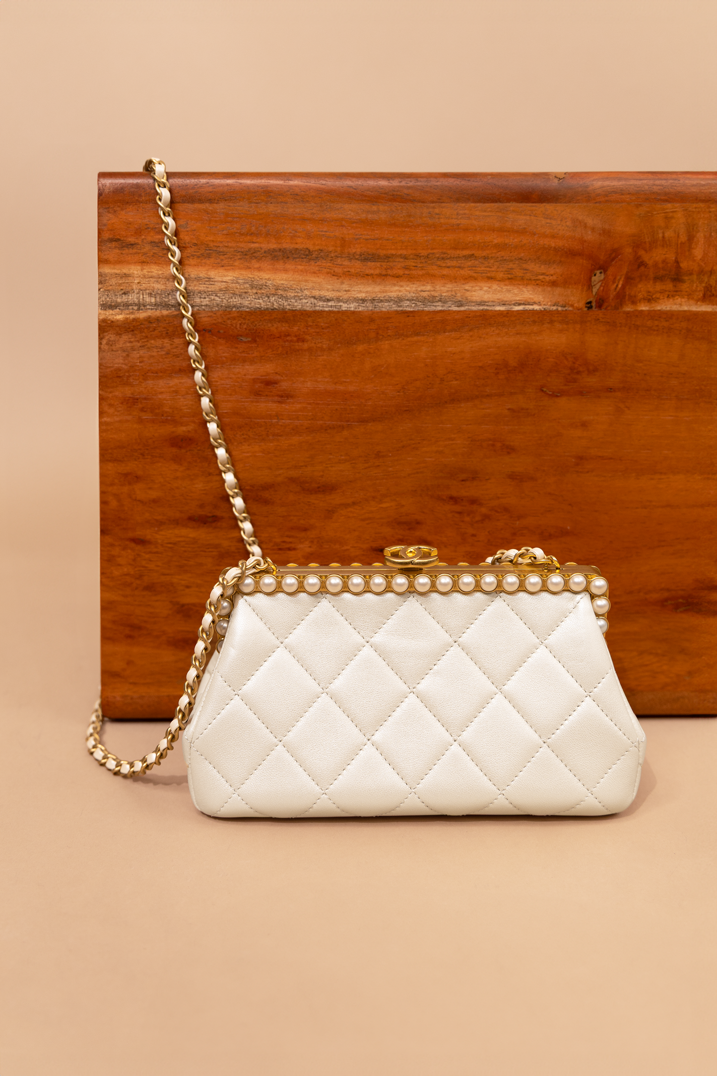Chanel Light Beige Pearly Lambskin, Imitation Pearls & Gold-Tone Metal Clutch