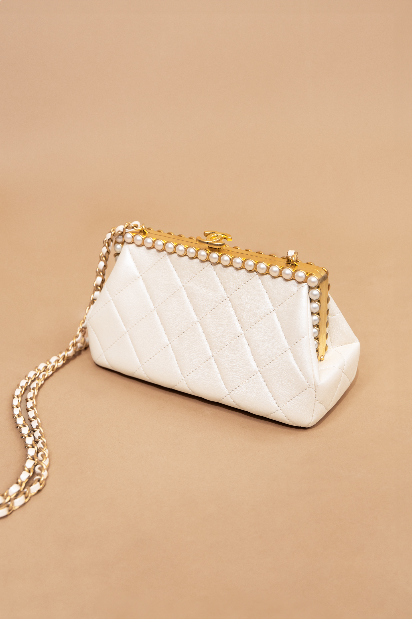 Chanel Light Beige Pearly Lambskin, Imitation Pearls & Gold-Tone Metal Clutch