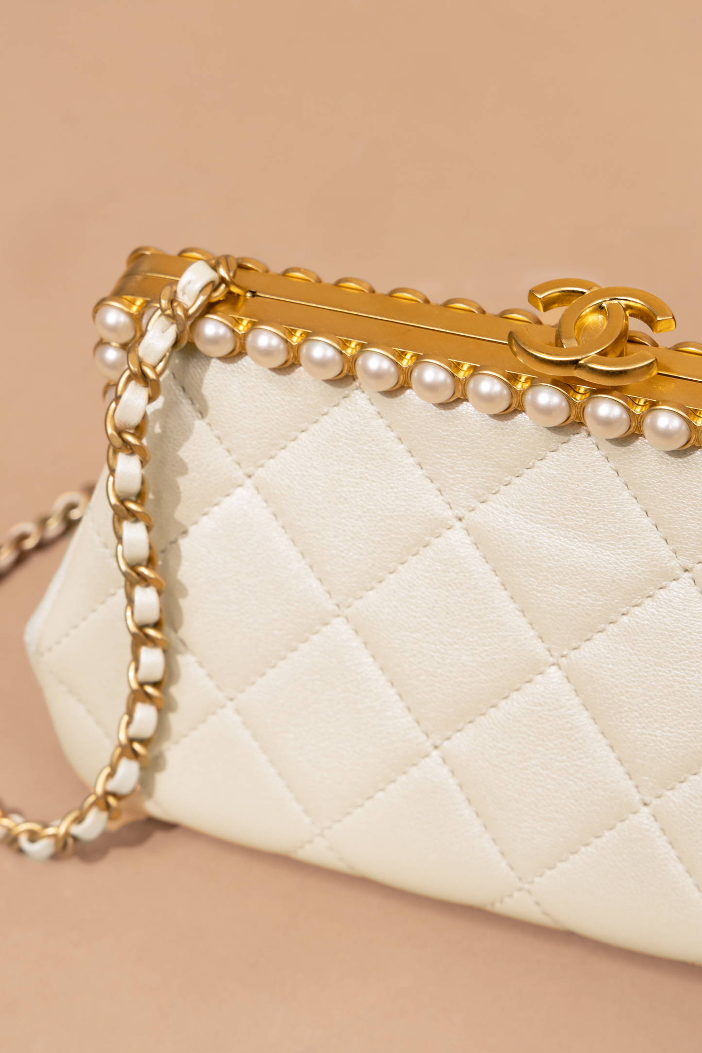 Chanel Light Beige Pearly Lambskin, Imitation Pearls & Gold-Tone Metal Clutch