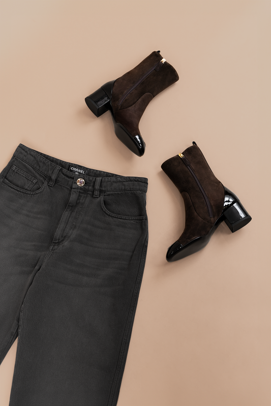 Chanel Black Denim Jeans & Brown Suede Boots