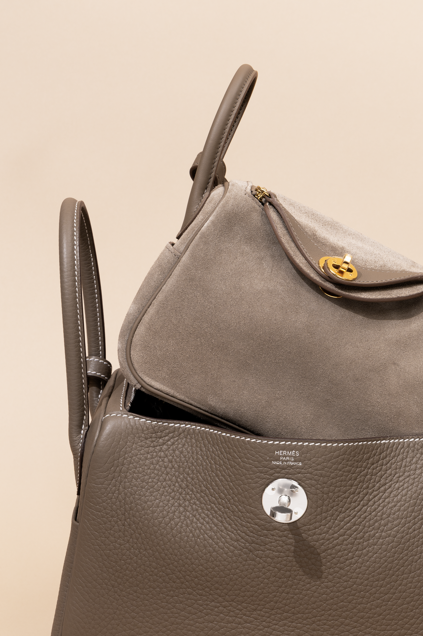 Hermès Mini Lindy Grizzly Etoupe GHW & Lindy 26 Etoupe PHW