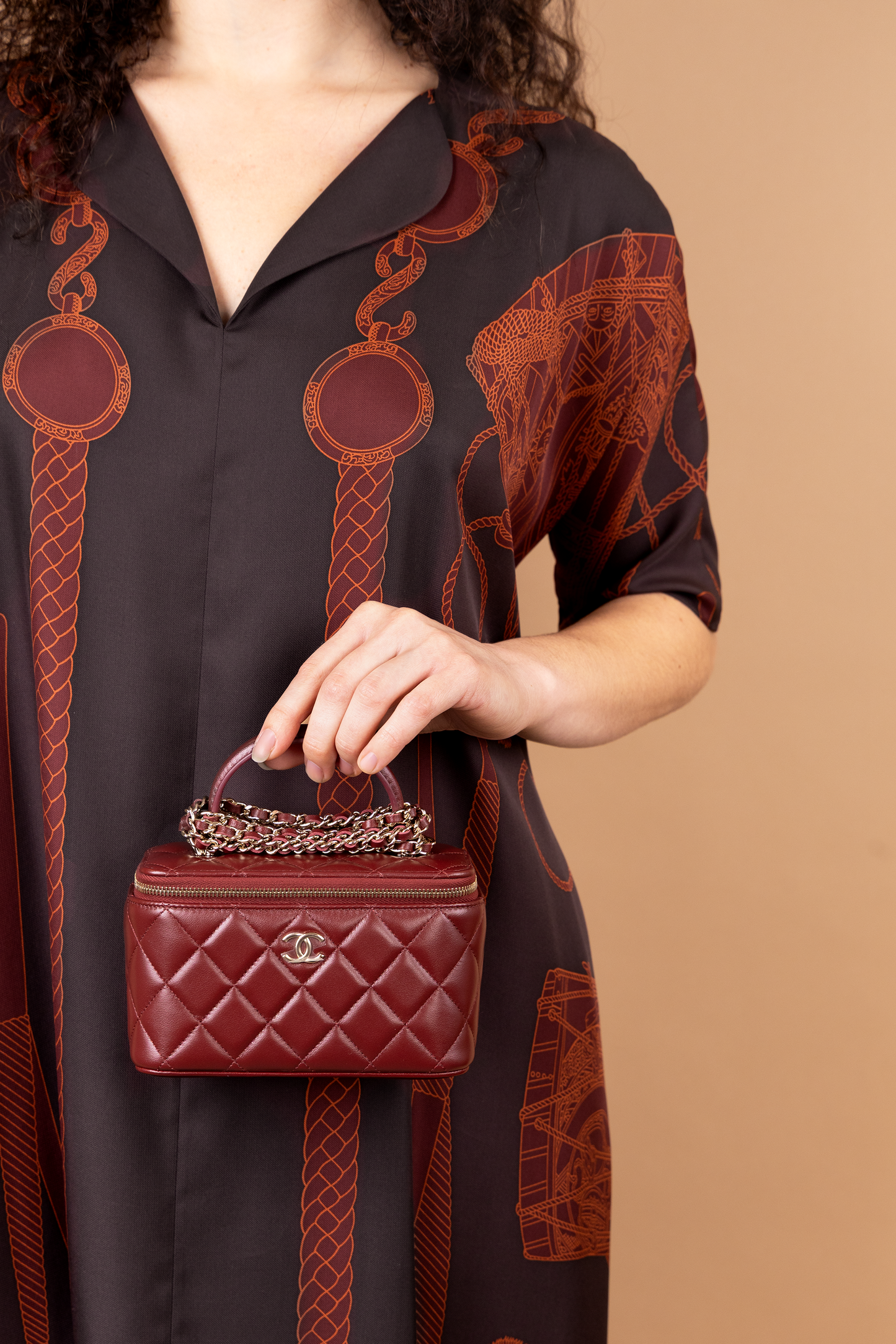Hermès Marron Ebene Caftan & Chanel Burgundy Vanity Case with Chain