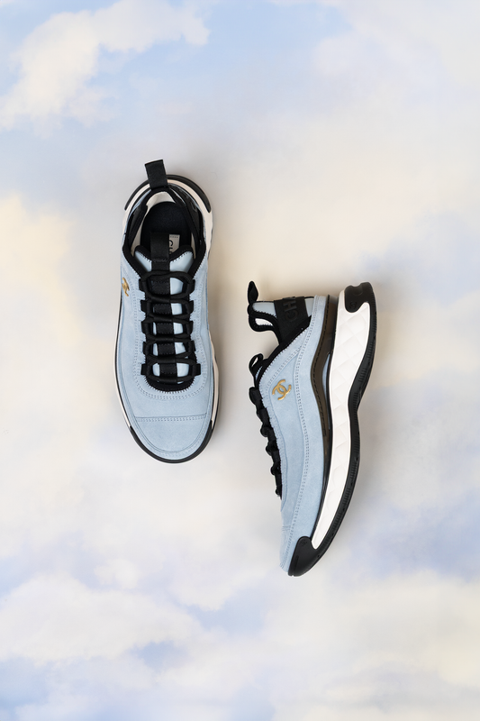 Chanel Suede Calfskin Nylon Grosgrain CC Sneakers in Light Blue/White/Black