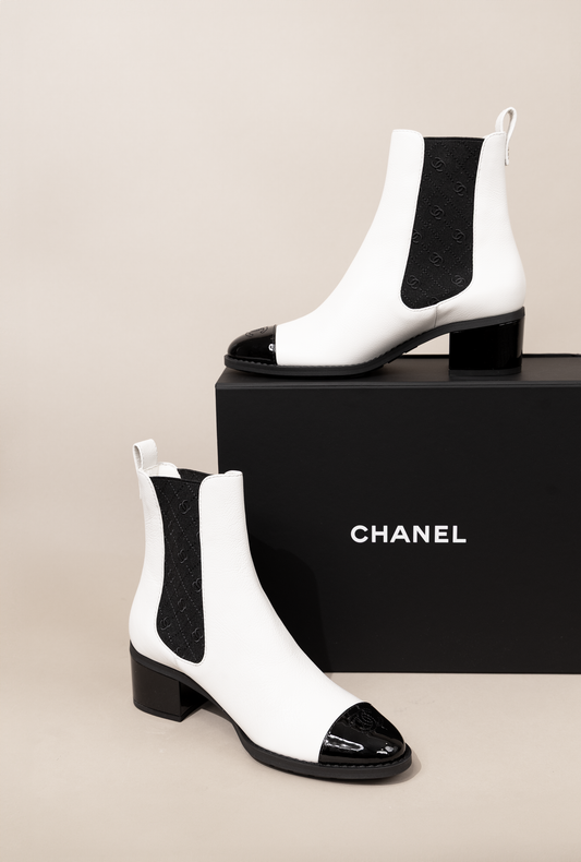 Chanel White/Black CC Ankle Boots