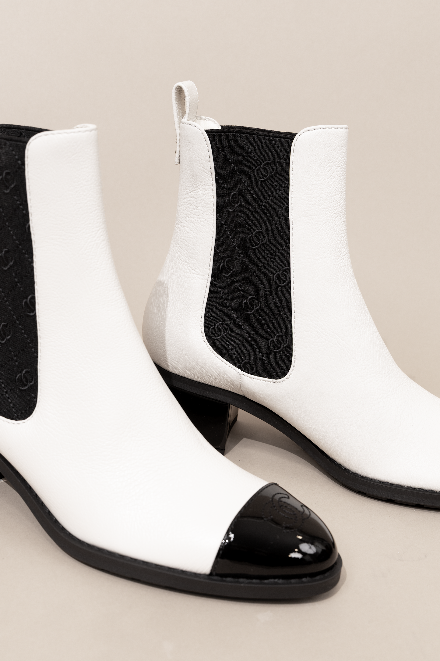 Chanel White/Black CC Ankle Boots