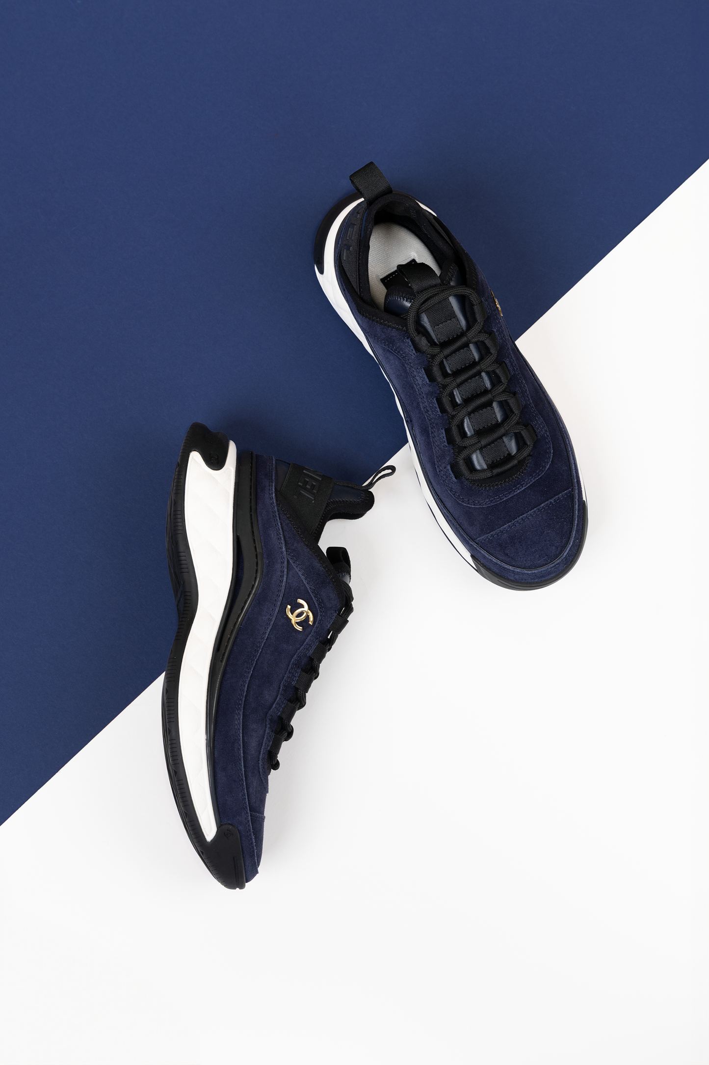 Chanel Suede Calfskin Nylon Grosgrain CC Sneakers in Dark Blue/White/Black