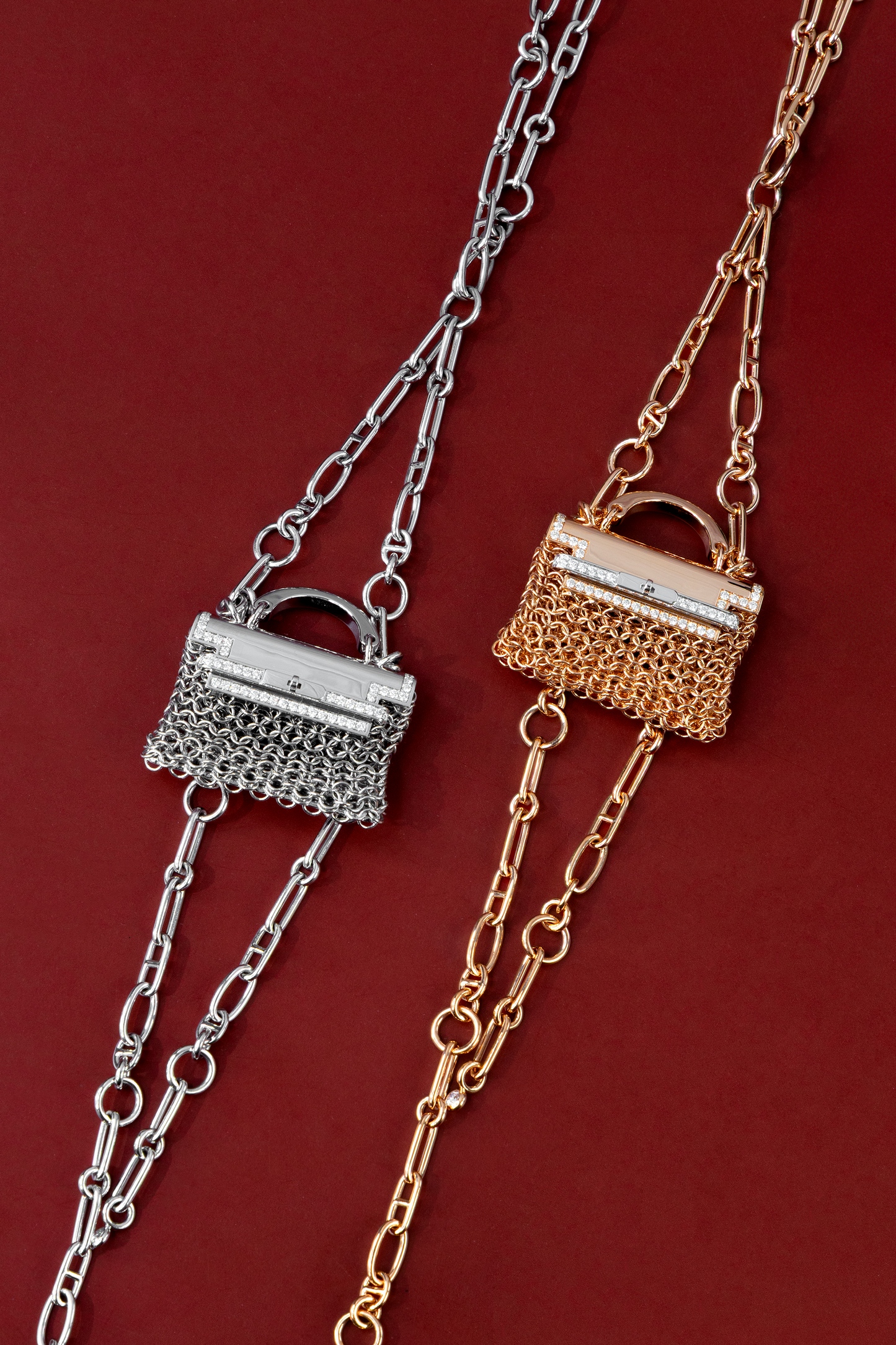 Hermès White & Rose Gold Diamond Precieux Kelly Long Necklace