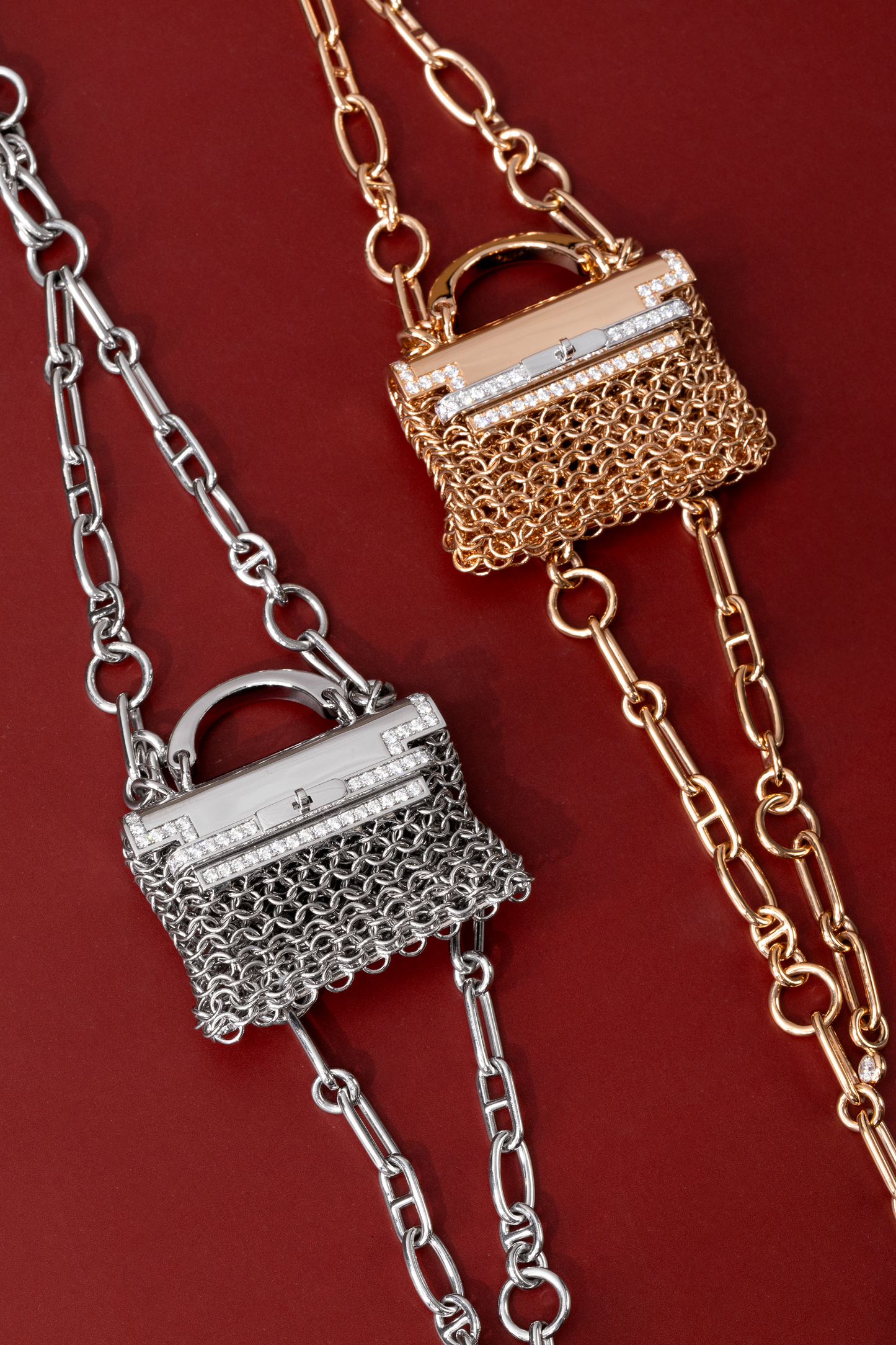 Hermès White & Rose Gold Diamond Precieux Kelly Long Necklace