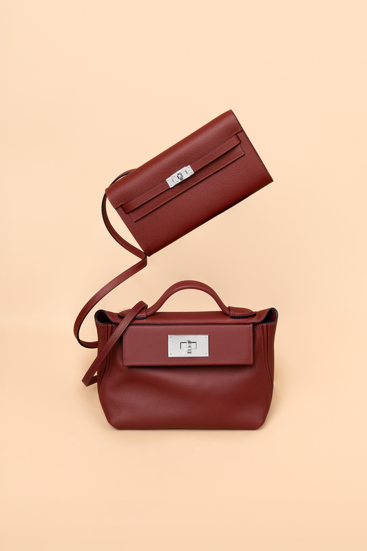 Hermès Mini 24/24 Evercolor & Kelly Wallet To Go Epsom in Rouge H PHW