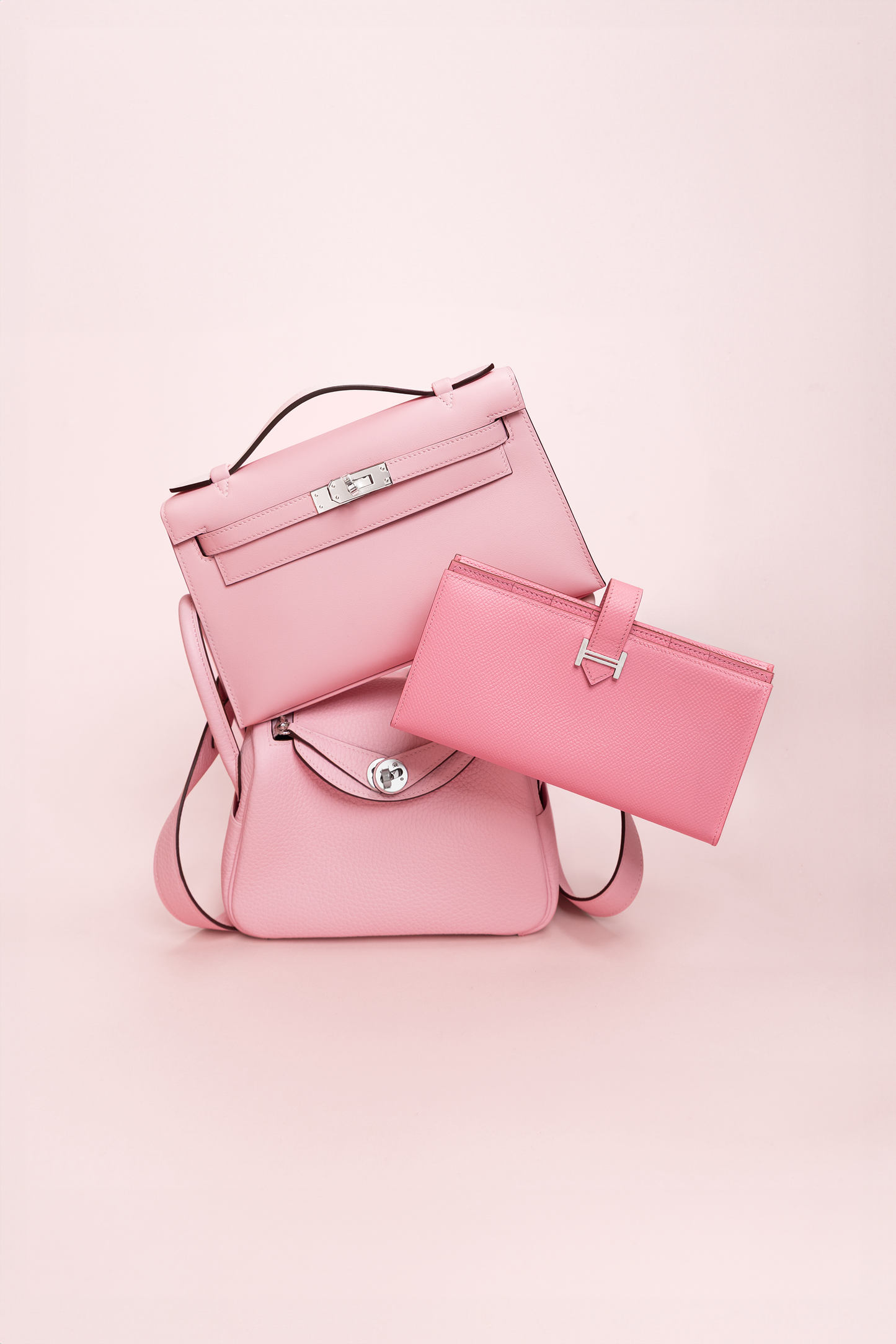 Hermès Kelly Pochette Swift & Mini Lindy Clemence in Rose Sakura with Bearn Wallet in Rose Confetti