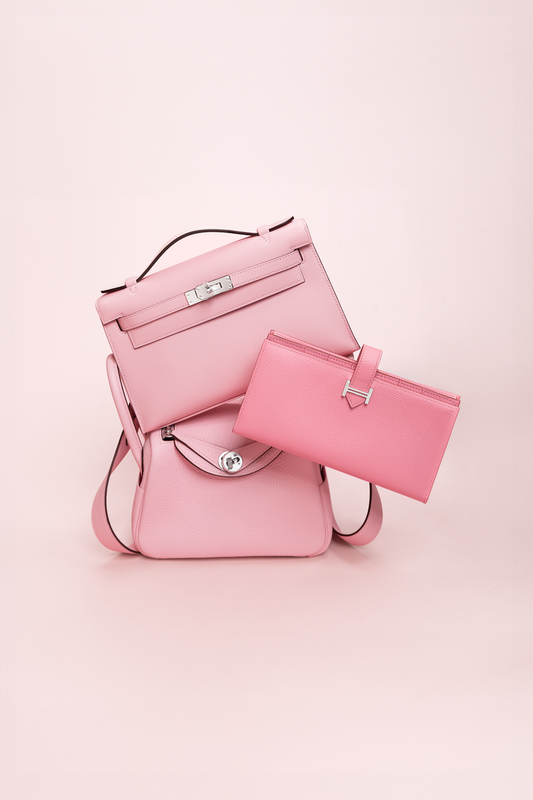 Hermès Kelly Pochette Swift & Mini Lindy Clemence in Rose Sakura with Bearn Wallet in Rose Confetti