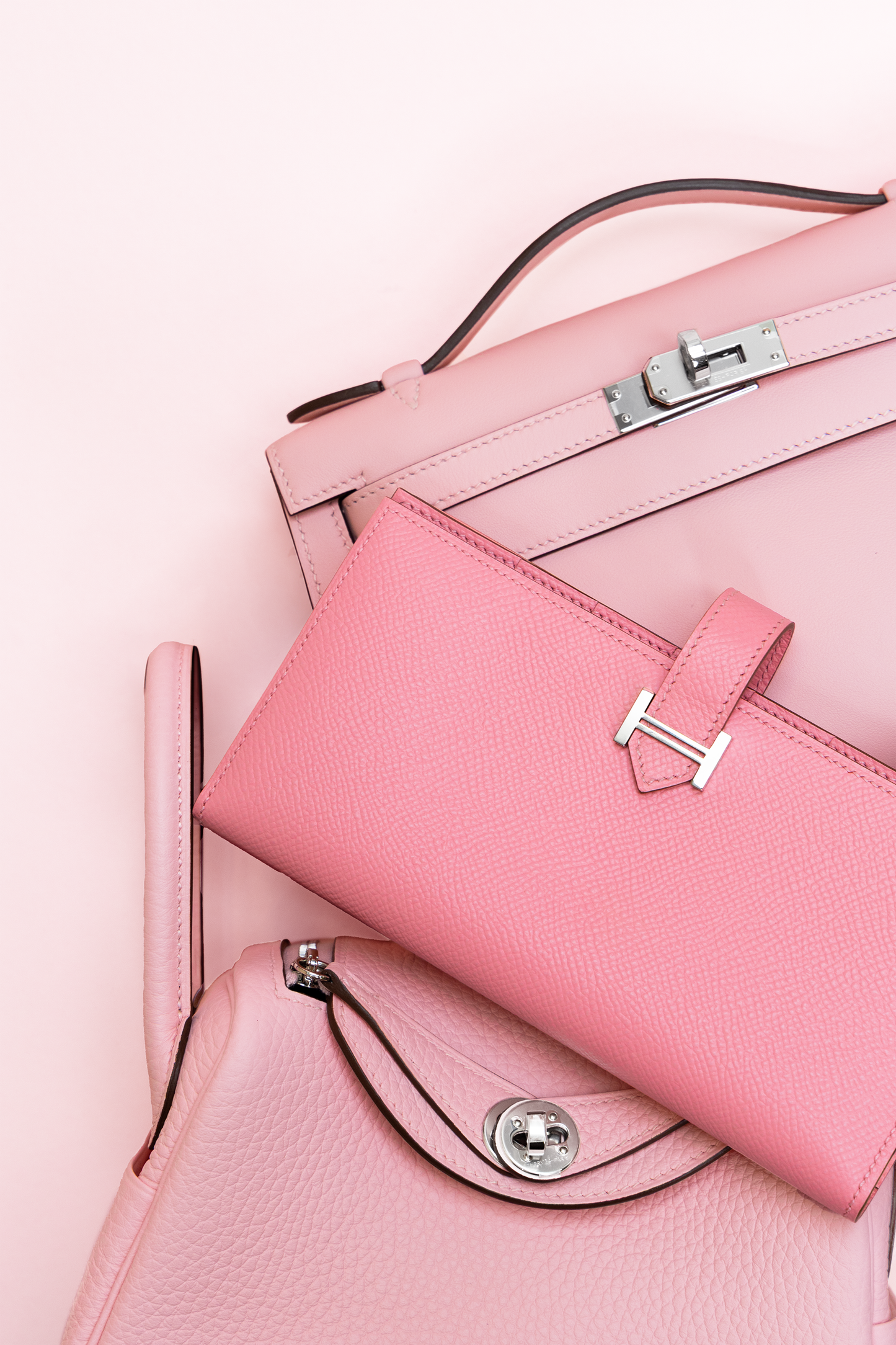 Hermès Kelly Pochette Swift & Mini Lindy Clemence in Rose Sakura with Bearn Wallet in Rose Confetti