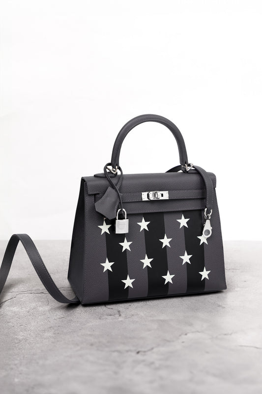 Hermès Kelly 25 Sellier Epsom Casaque Etoilee Ardoise/Noir/Vert Peppermint PHW