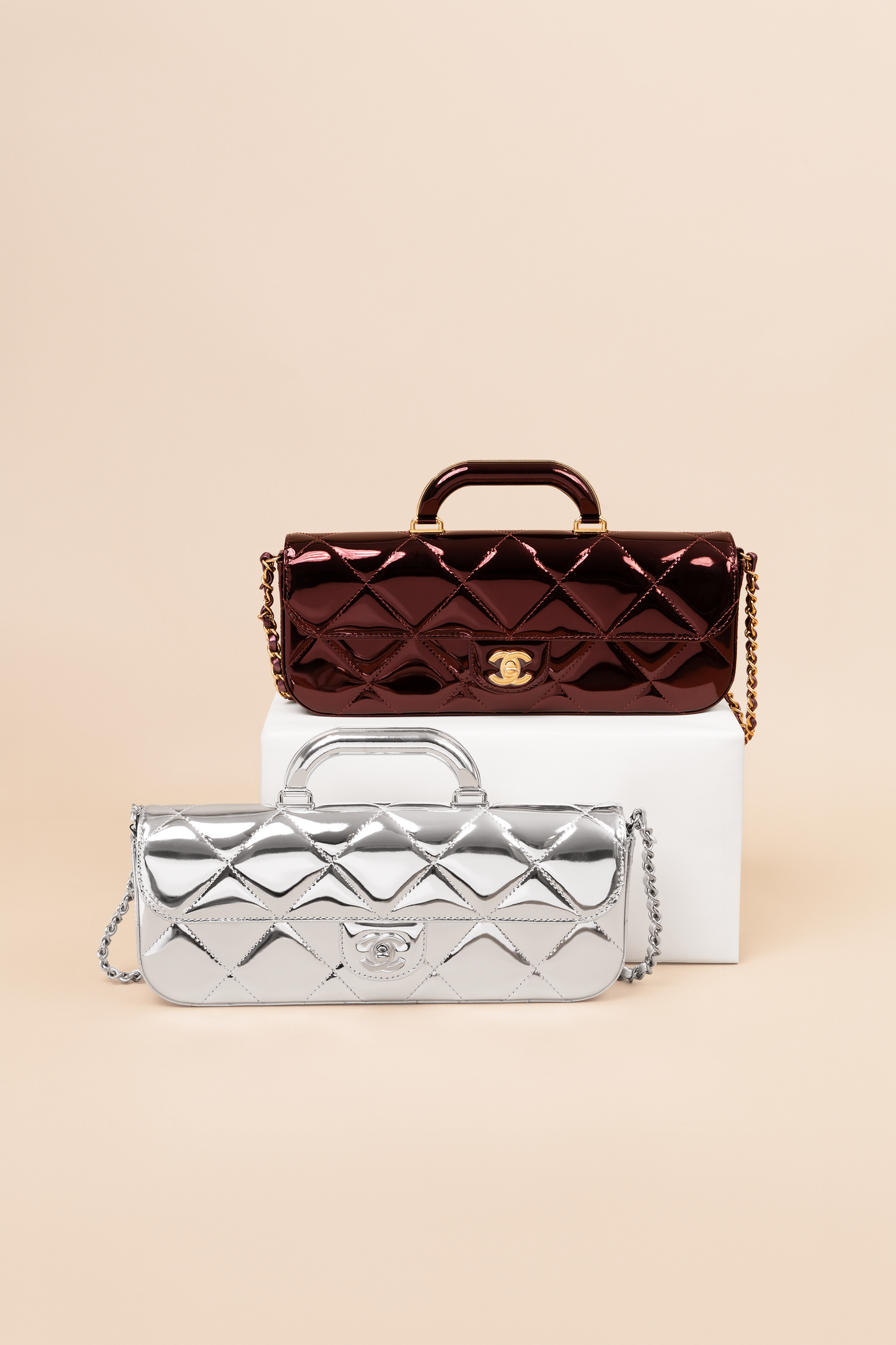 Chanel Large Metallic Mirror Calfskin Flap Bag with Top Handle in Burgundy & Silver