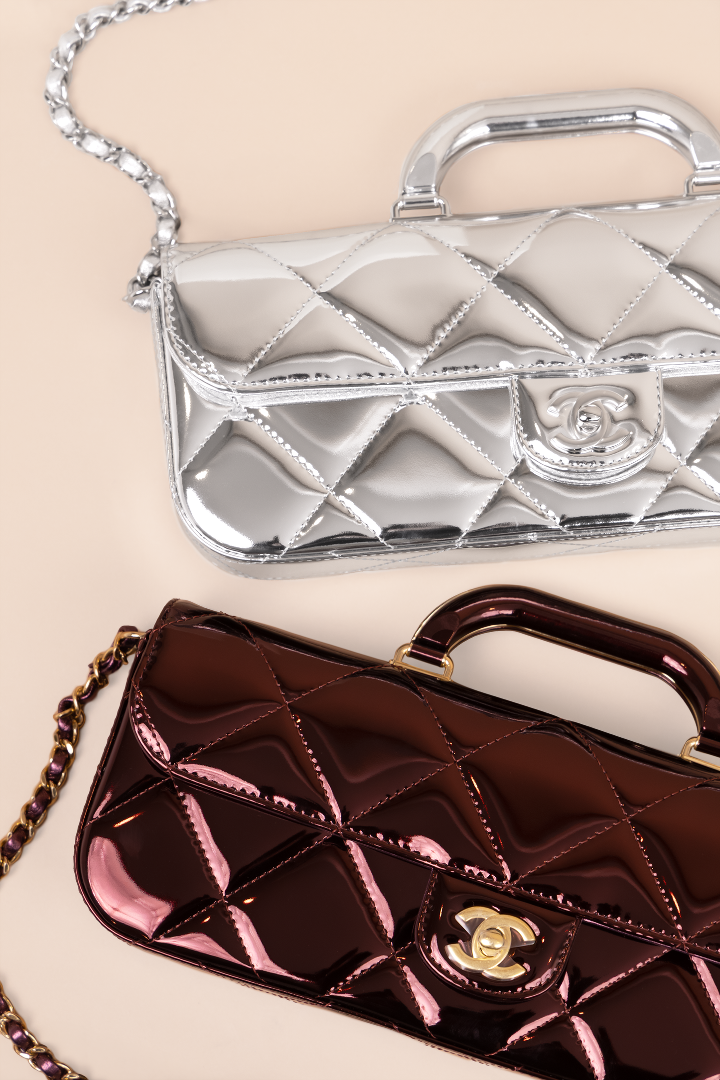 Chanel Large Metallic Mirror Calfskin Flap Bag with Top Handle in Burgundy & Silver