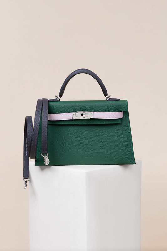 Hermès Mini Kelly 20 Sellier Epsom Tricolor in Moyen/Mauve Pale/Ardoise PHW