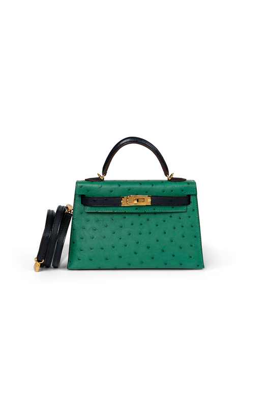 Hermes Mini Kelly Ostrich in Vert Vertigo/Blue Iris with Gold Hardware