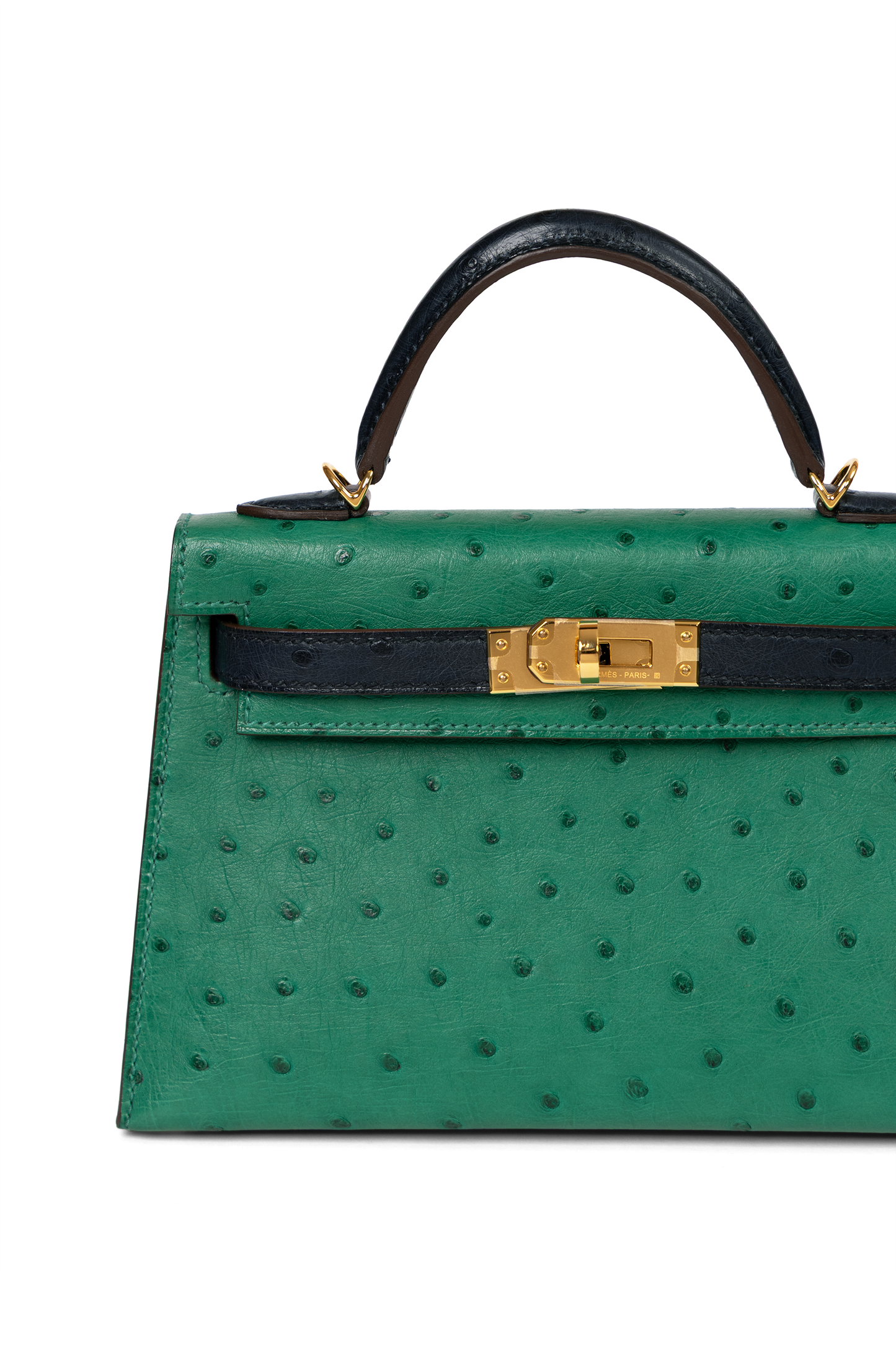 Hermes Mini Kelly Ostrich in Vert Vertigo/Blue Iris with Gold Hardware