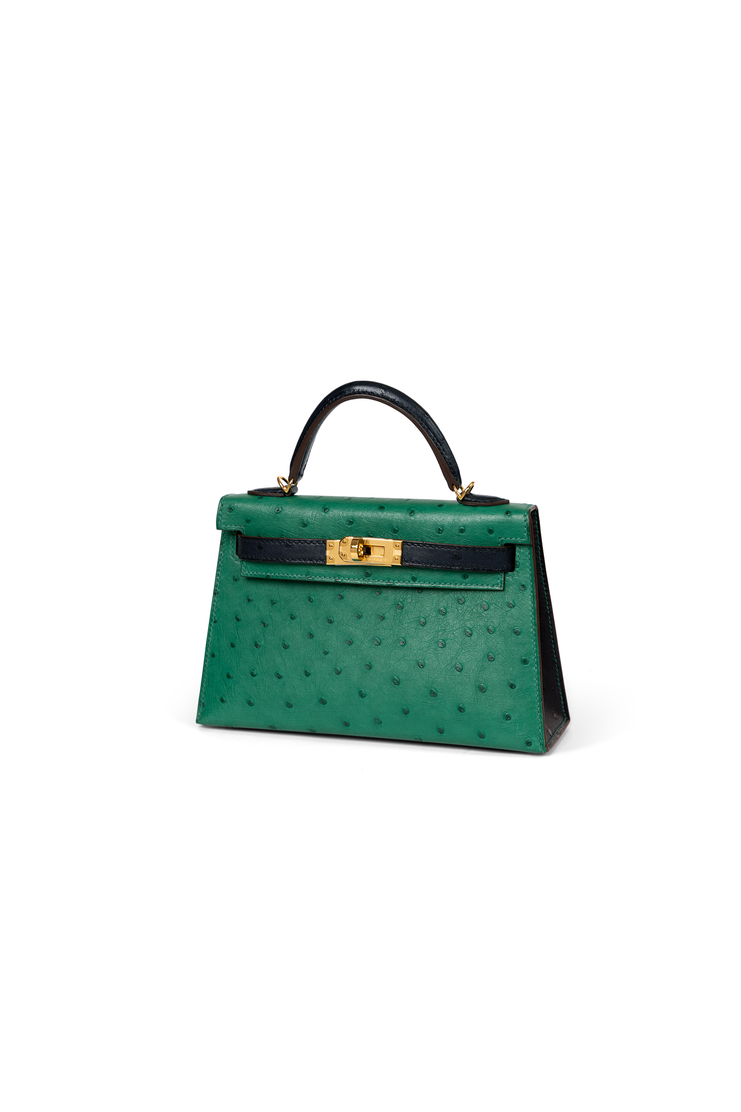 Hermes Mini Kelly Ostrich in Vert Vertigo/Blue Iris with Gold Hardware