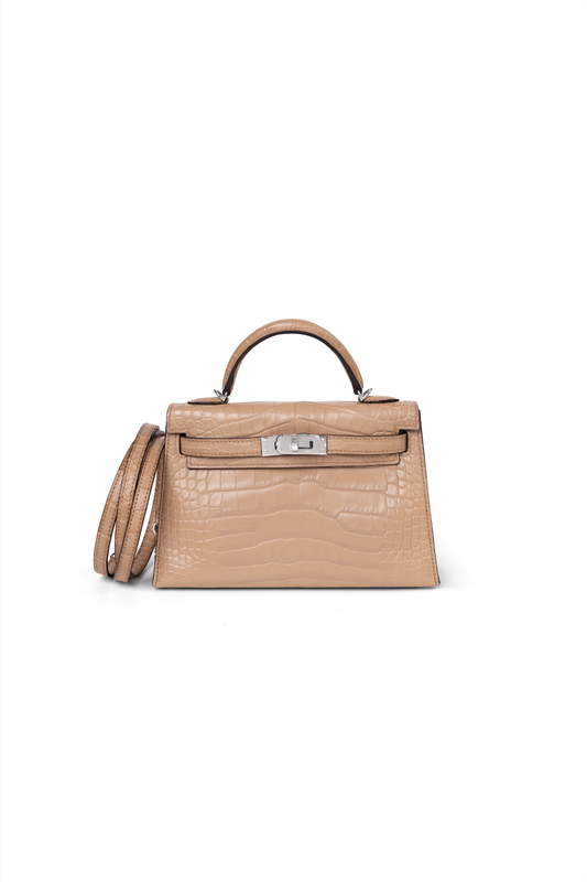 Hermes Mini Kelly Matte Alligator in Chai with Silver Hardware
