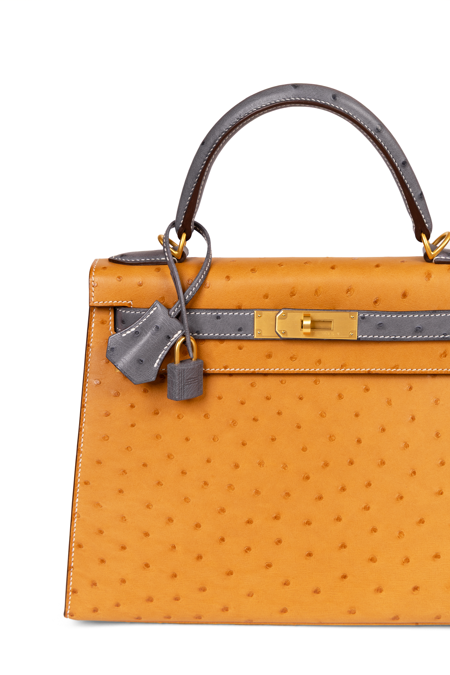 Kelly 28 Ostrich in Saffron/Gris Agate with Gold Hardware