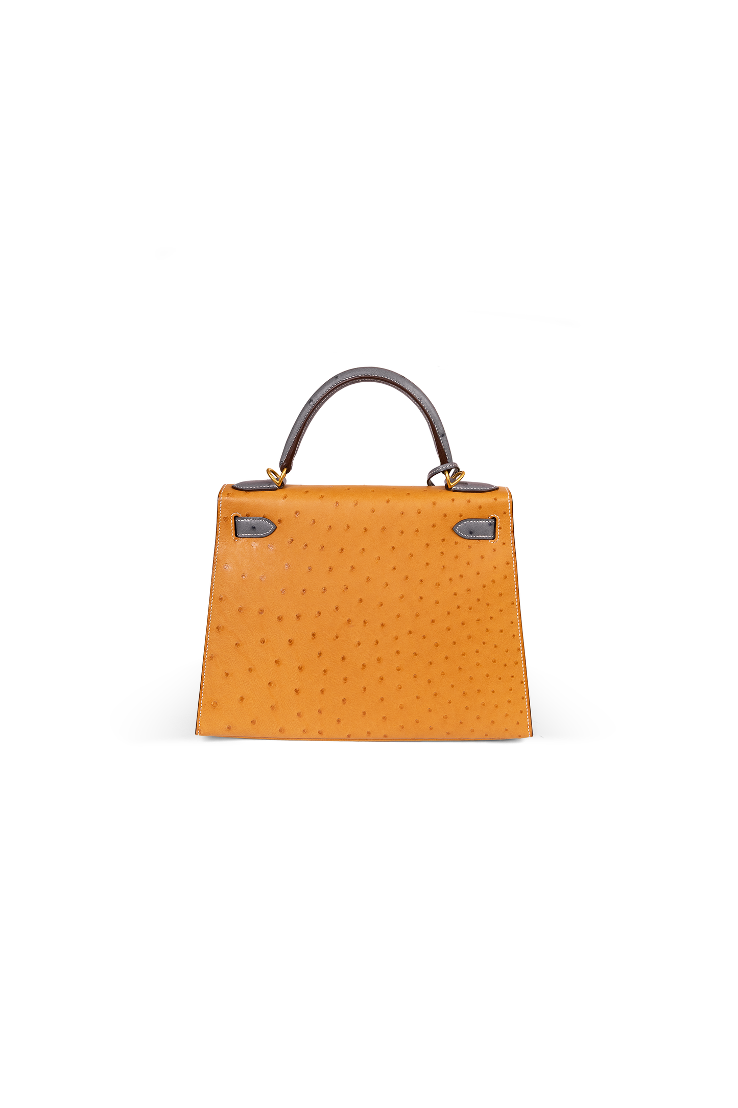 Kelly 28 Ostrich in Saffron/Gris Agate with Gold Hardware