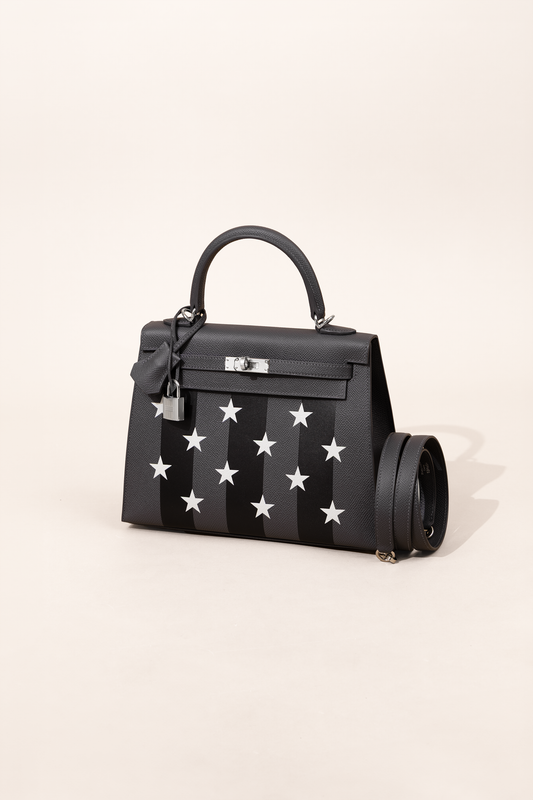 Hermès Kelly 25 Sellier Epsom Casaque Etoilee Ardoise/Noir/Vert Peppermint PHW