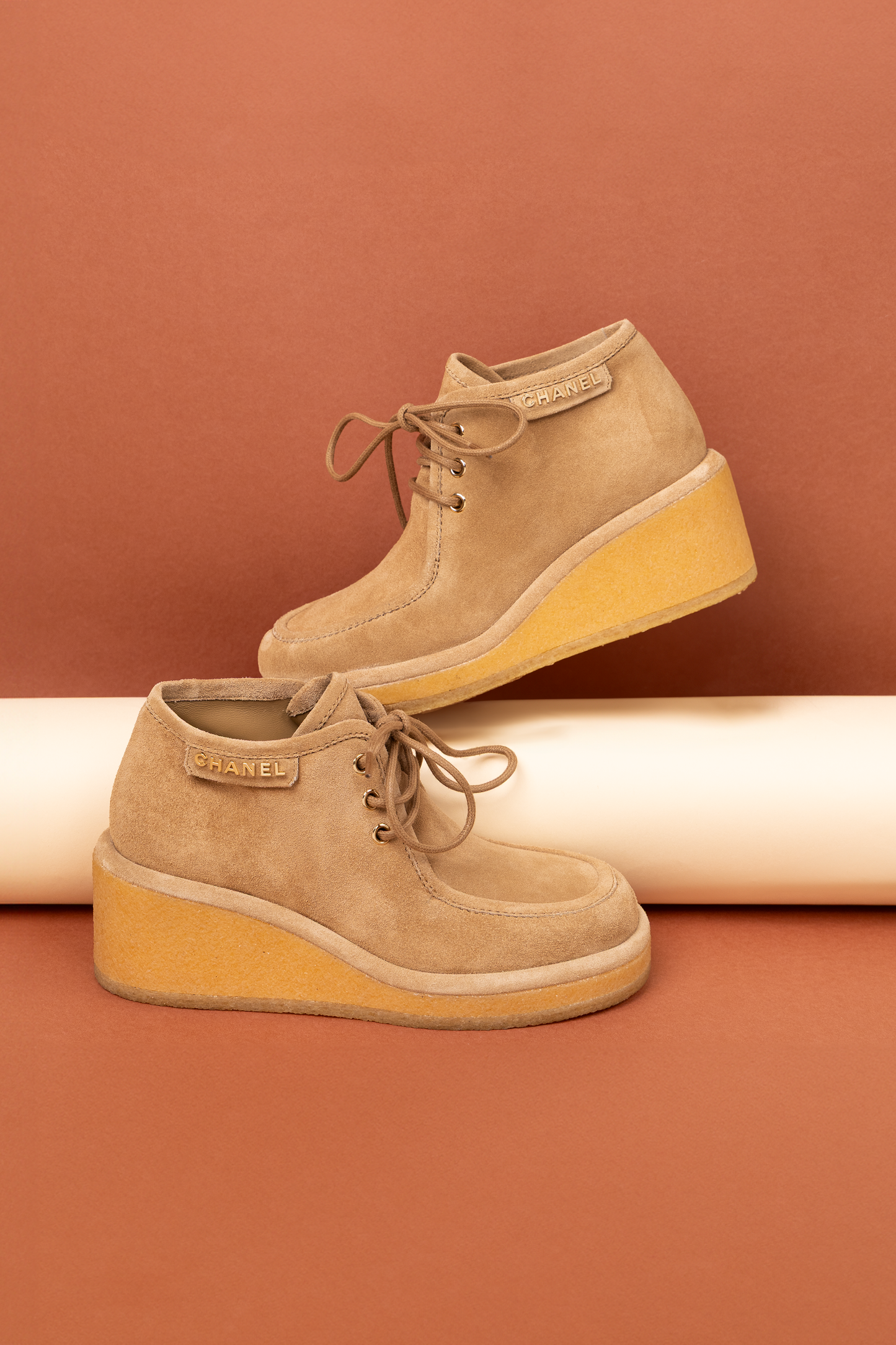 Chanel Beige Suede Calfskin Lace Up Wedge Boots