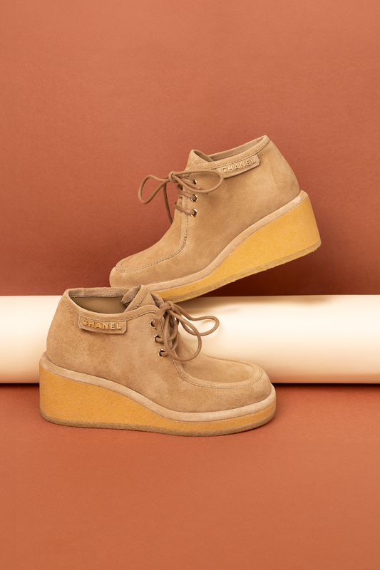 Chanel Beige Suede Calfskin Lace Up Wedge Boots