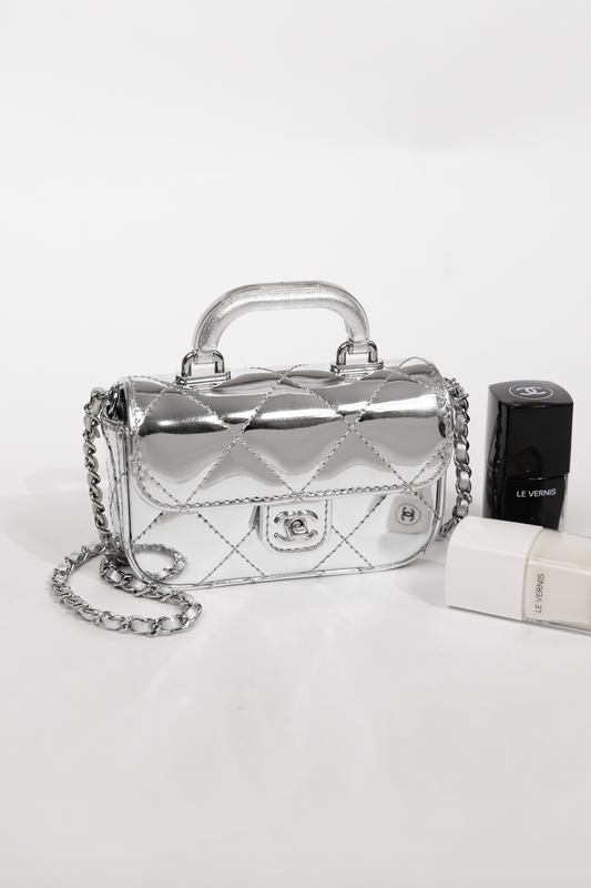 Chanel Mini Silver Metallic Mirror Calfskin Clutch with Chain