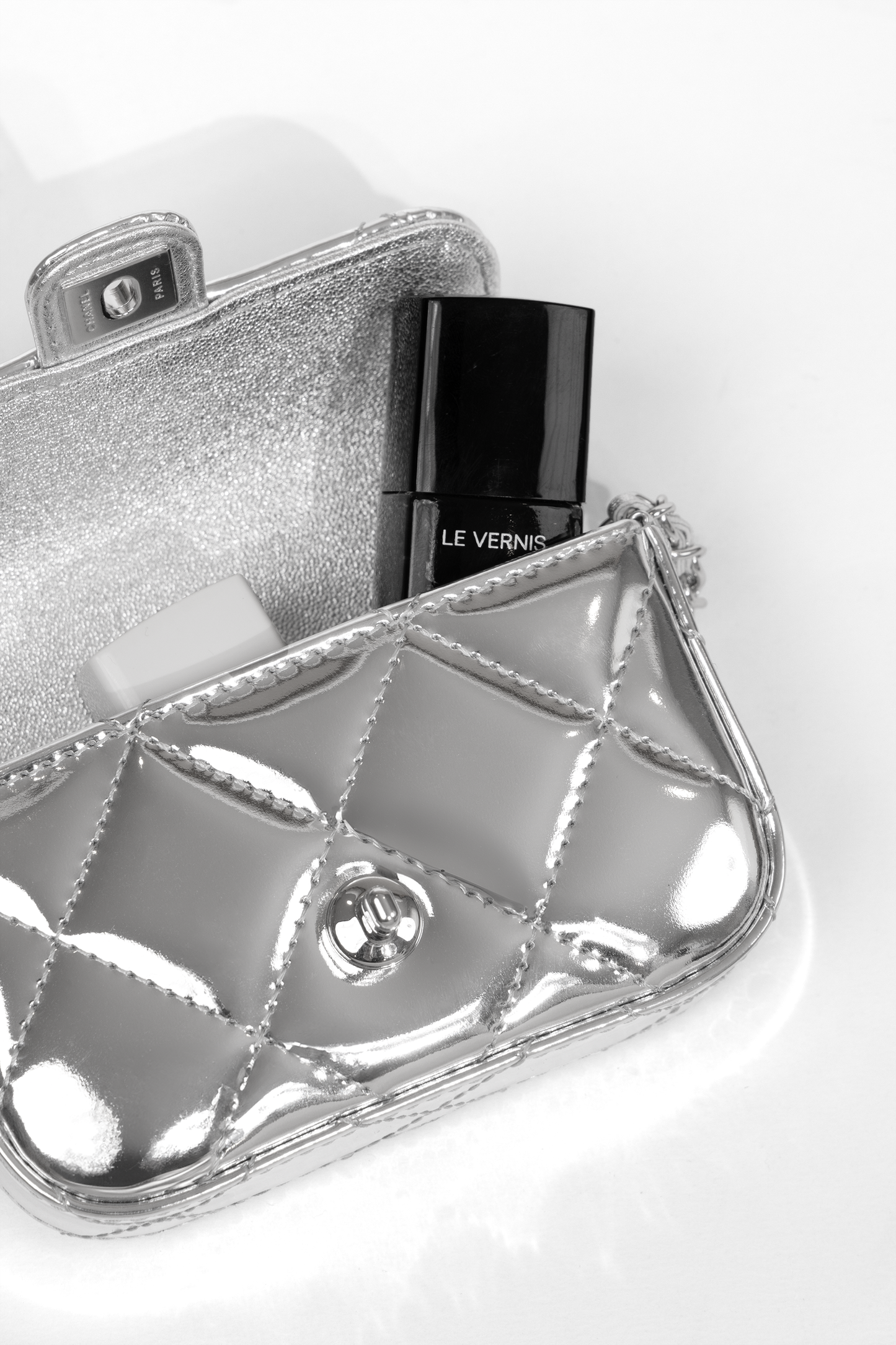 Chanel Mini Silver Metallic Mirror Calfskin Clutch with Chain