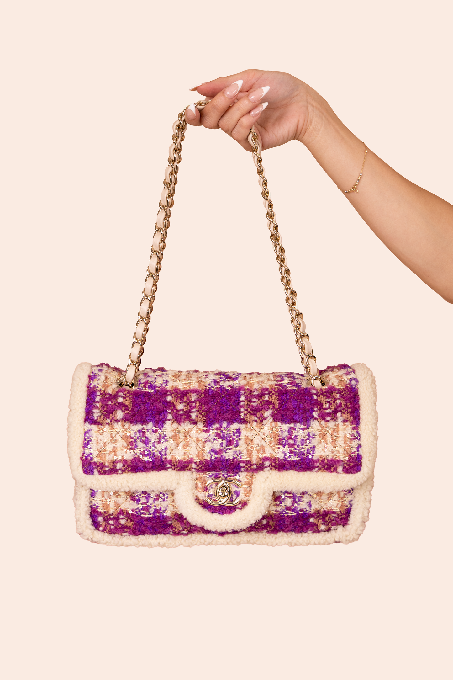 Chanel Large Tweed Shearling Flap Bag in Fuchsia/Pink/Beige/Brown