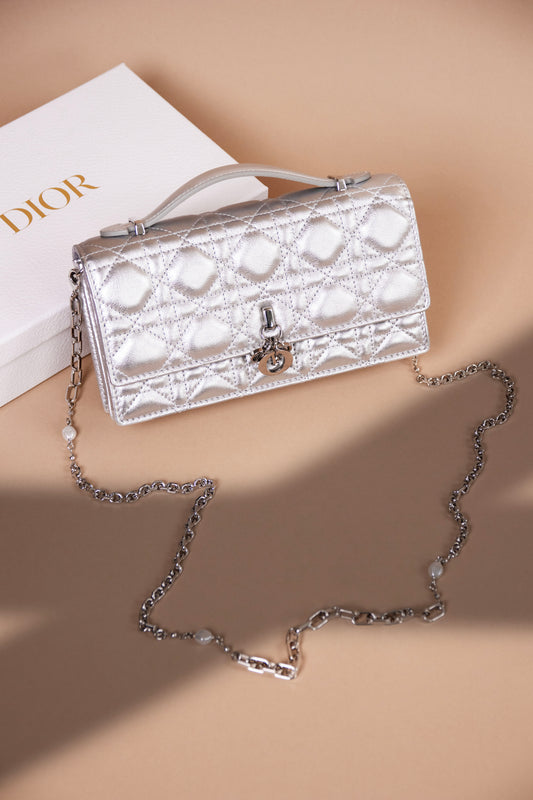 Dior My Dior Mini Bag in Iridescent Metallic Silver Tone Cannage Lambskin