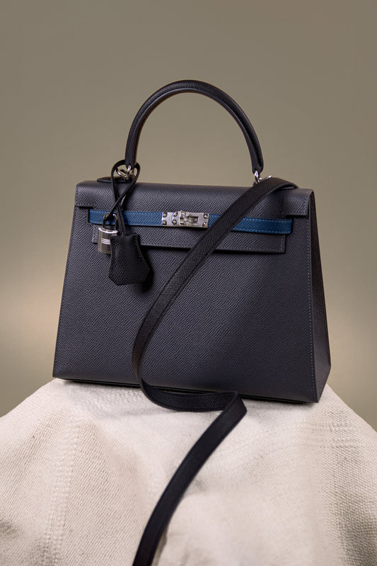 Hermès Kelly 25 Epsom Tricolor Ardoise/Deep Blue/Black PHW