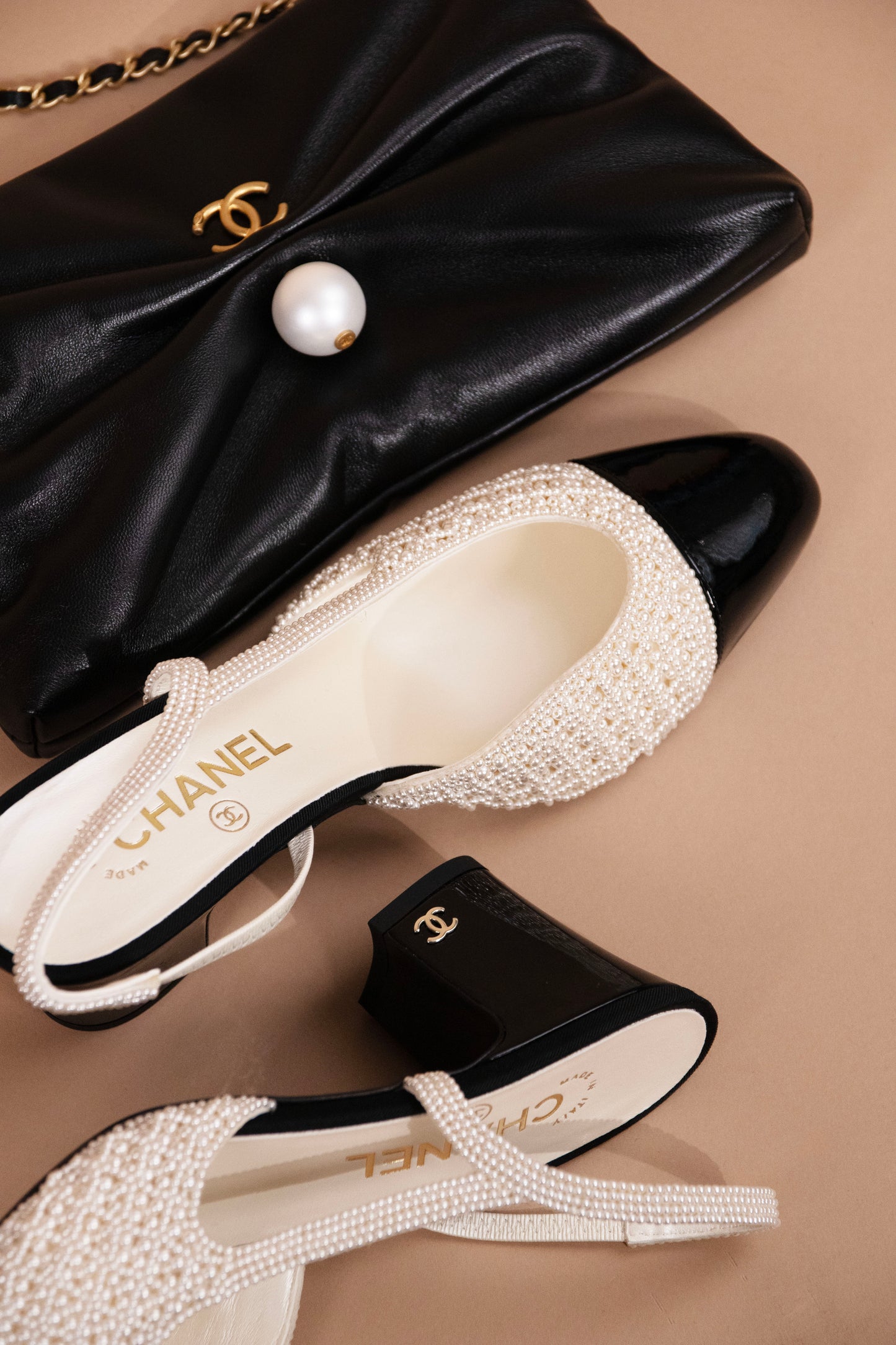 Chanel Black Clutch with Chain & Pearl Embroidered Slingbacks