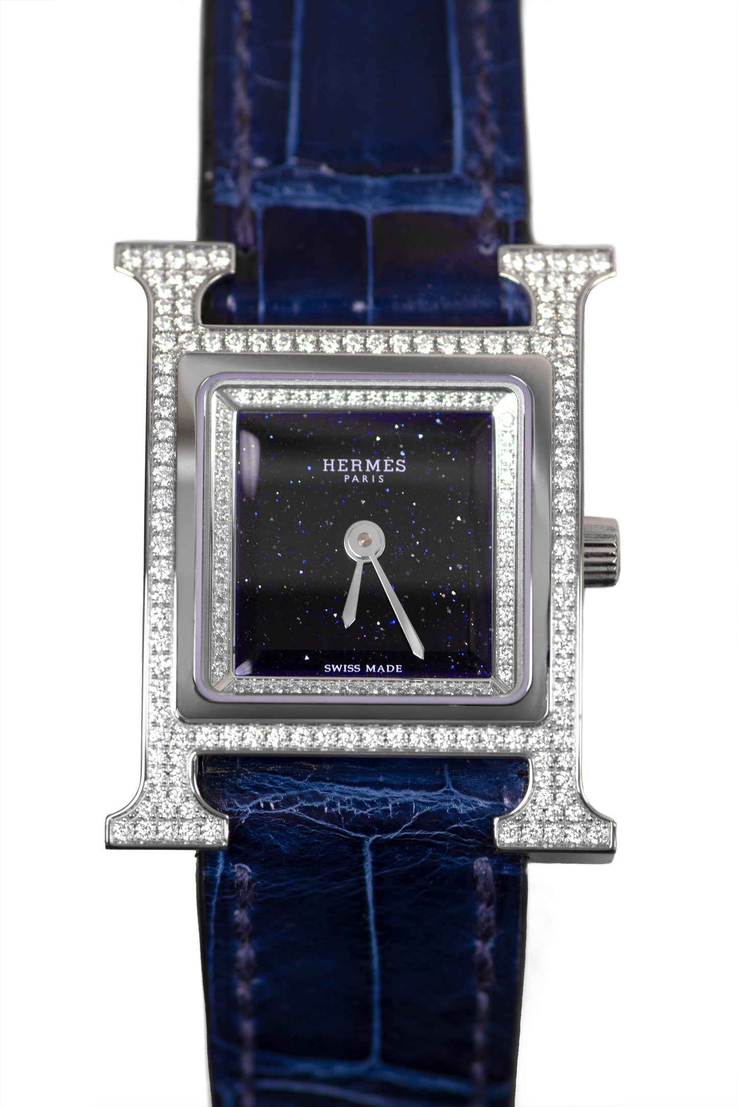 Hermes Diamond Set Heure H Watch in White Gold and Sapphire Blue