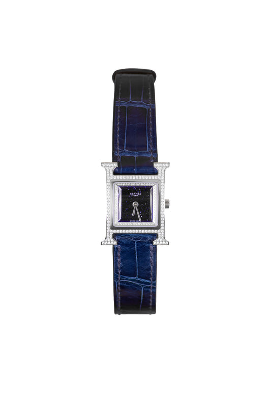 Hermes Diamond Set Heure H Watch in White Gold and Sapphire Blue